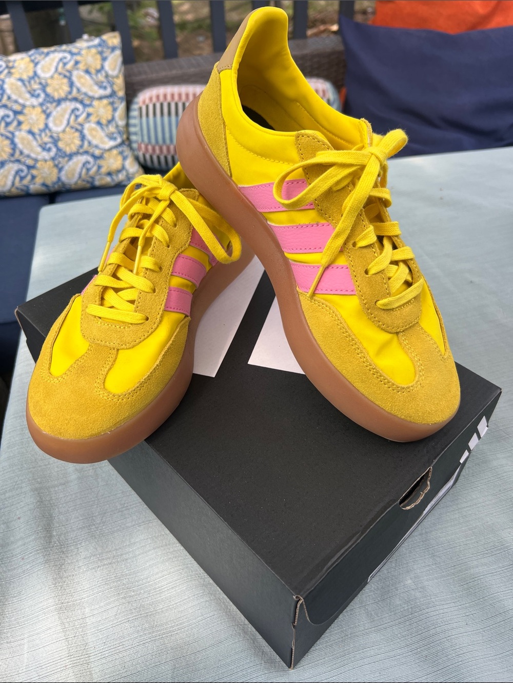 Adidas Yellow Sneakers with Pink Stripes and Gum Sole - Picture 6 of 6
